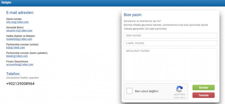 1xBet contacts