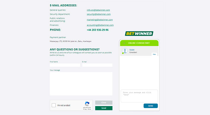 BetWinner contacts